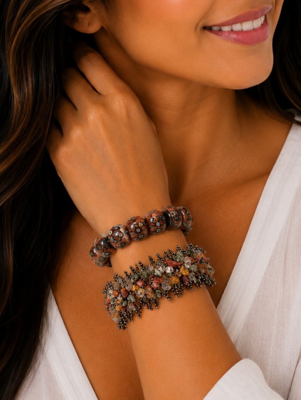 💎Artisan Natural Stone & Millefiori Glass Bracelet Set- Boho Earth Tone Stack